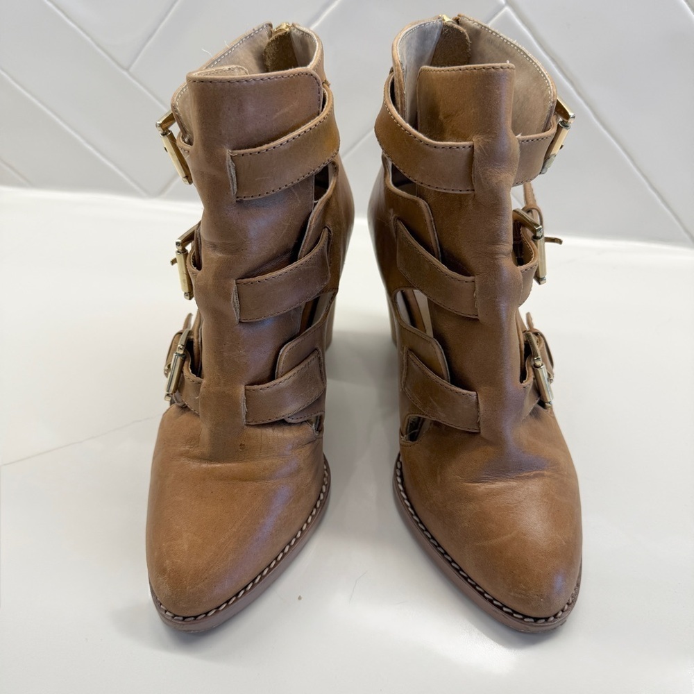 ASOS Women's Leather Brown Block Heel Booties Size 6 with Buckle Casual Summer - Picture 5 of 12